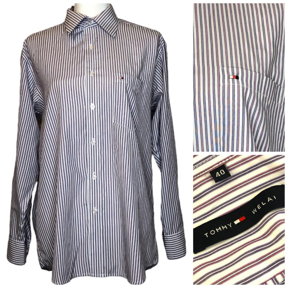 TOMMY HILFIGER WELAI Rare Long Sleeve Button Shirt White Blue Stripe 40 M